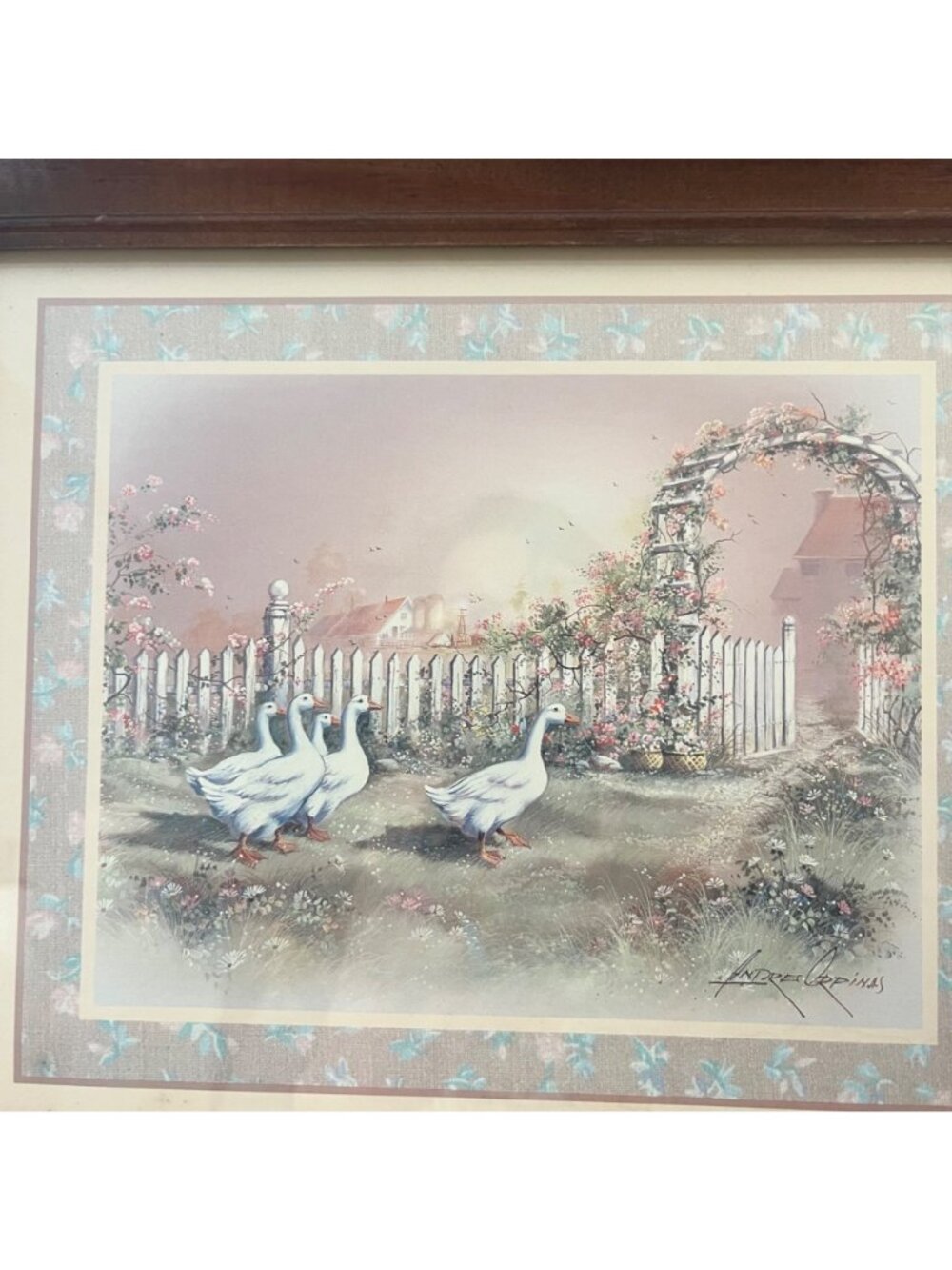 1987 Andres Orpinas Geese In The Garden Wood Framed Print Cottage Core 12'X10" - Picture 5 of 9
